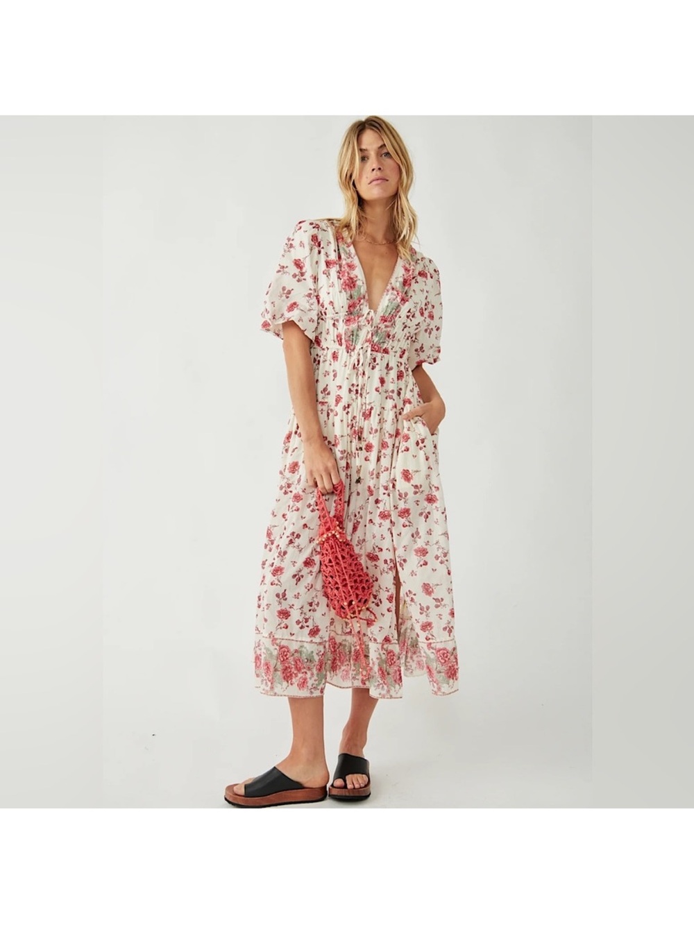 Floral V-Neck Midi Dress in Ivory and red lysette free people small